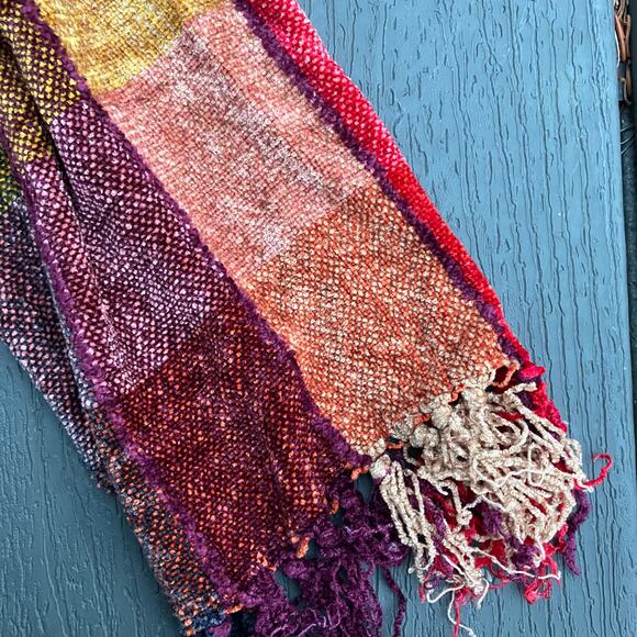 Red orange plaid patchwork scarf, cozy fall preppy light academia teacher - Picture 6 of 7